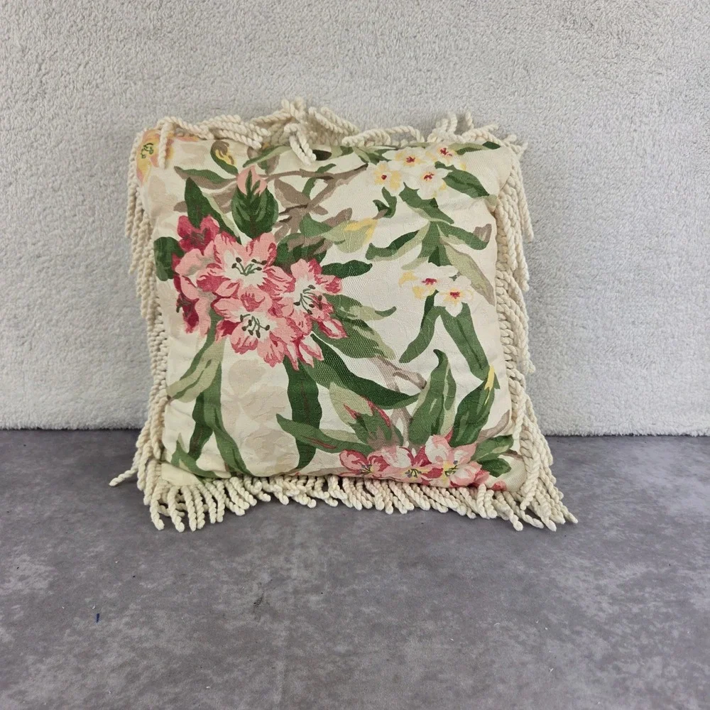 Vintage Floral Tapestry Throw Pillow Cream Pink Blue Rope Fringe 14x14 Square